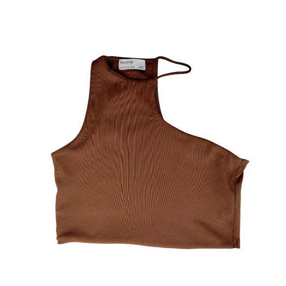Bershka Brown One-Shoulder Crop Top Ribbed Asymmetrical Medium - Picture 1 of 7